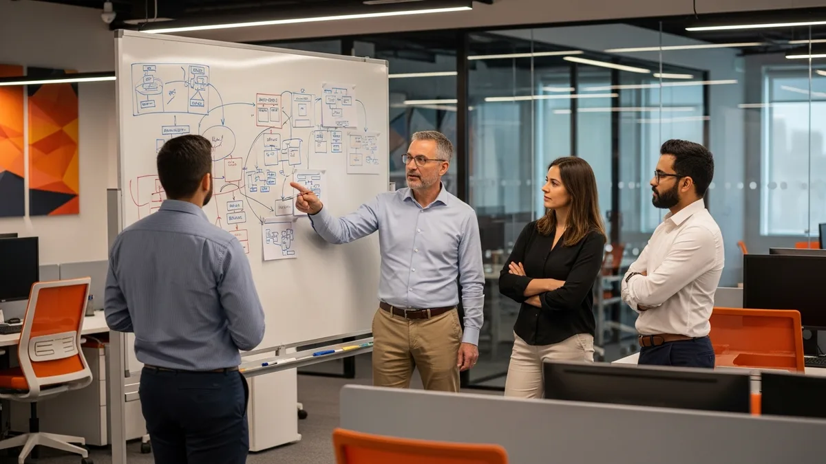 Principal product manager leading a technical architecture review with software engineers at a whiteboard