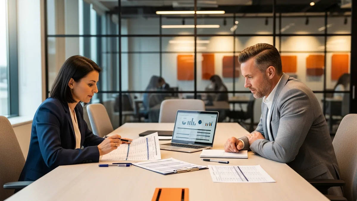 Hiring manager and recruiter reviewing principal product manager compensation benchmark data and salary tables