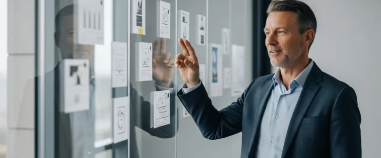 Principal product manager presenting a 2026 product strategy on a glass wall in a modern technology office