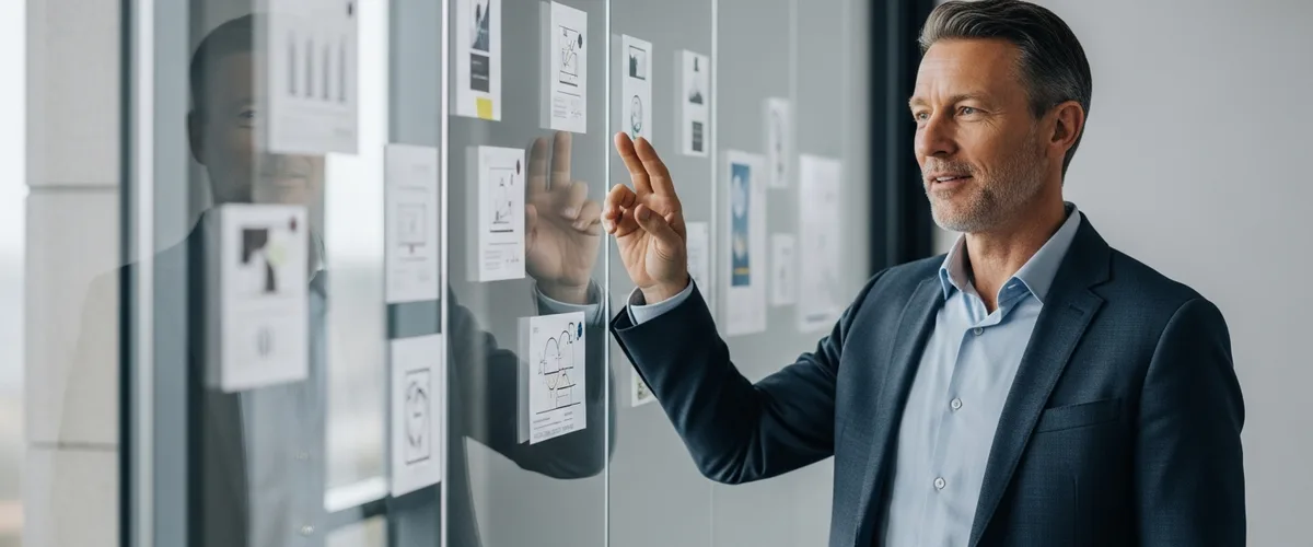 Principal product manager presenting a 2026 product strategy on a glass wall in a modern technology office