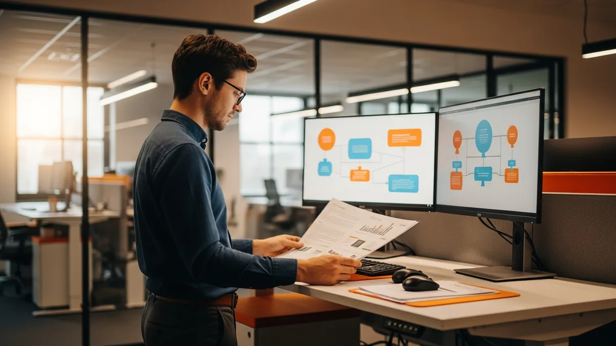 Principal product manager reviewing a multi-year product strategy document at a standing desk in a tech office