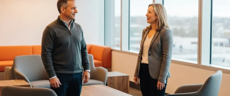 Principal software engineer and hiring manager discussing 2026 compensation in a modern office