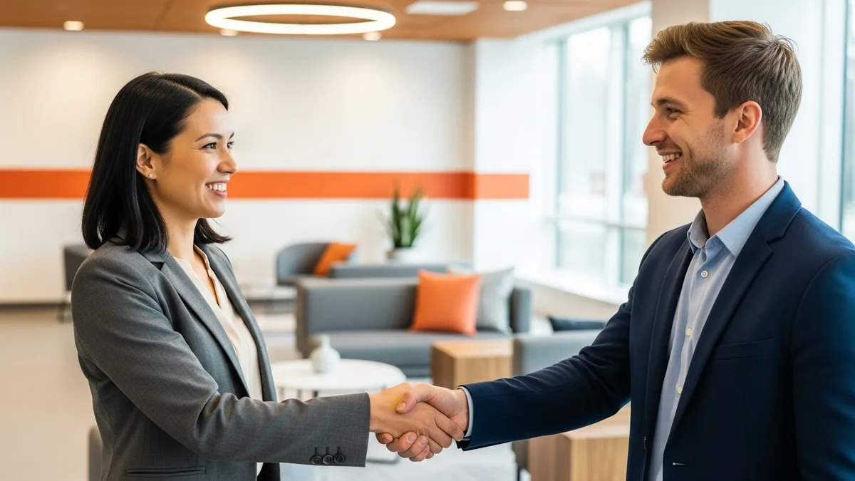Technical recruiter and principal software engineer candidate shaking hands after an offer