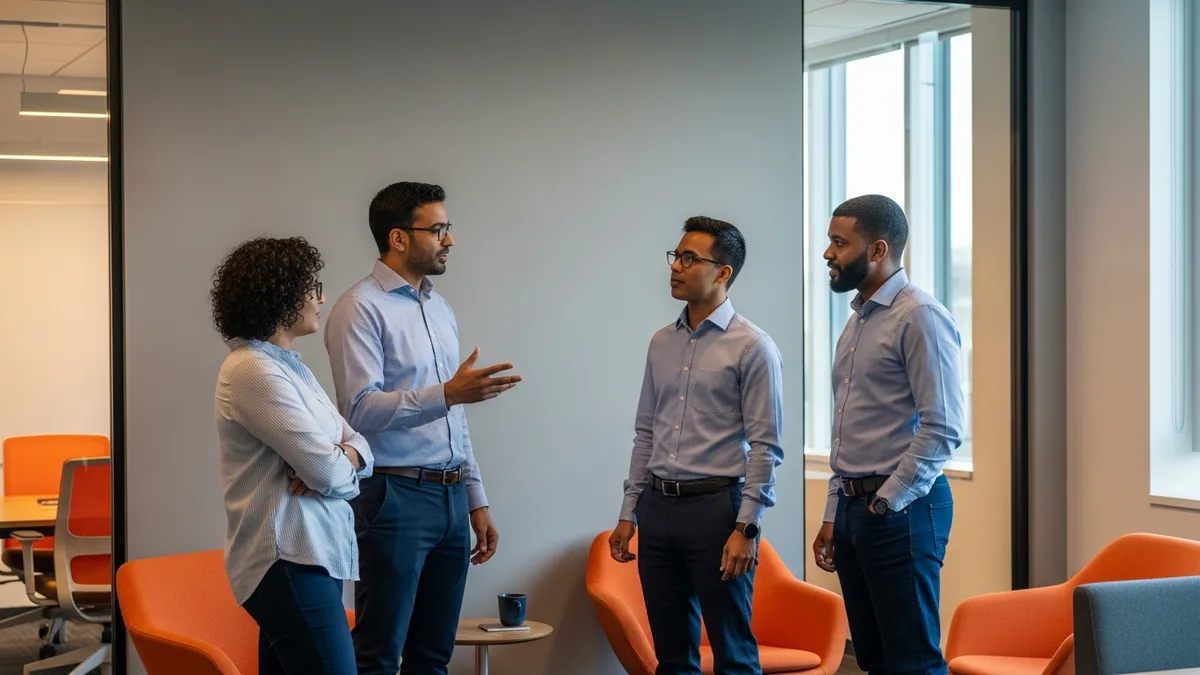 Senior software engineers discussing principal-level scope in a meeting room