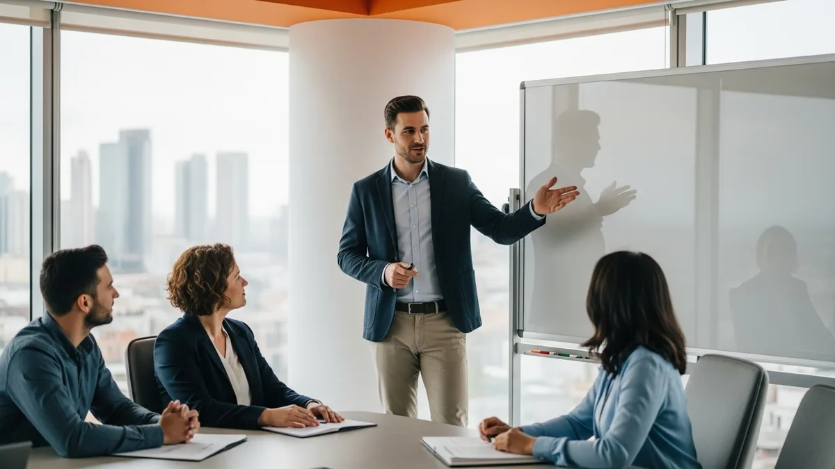 Product manager presenting a product roadmap and strategy to stakeholders in a conference room
