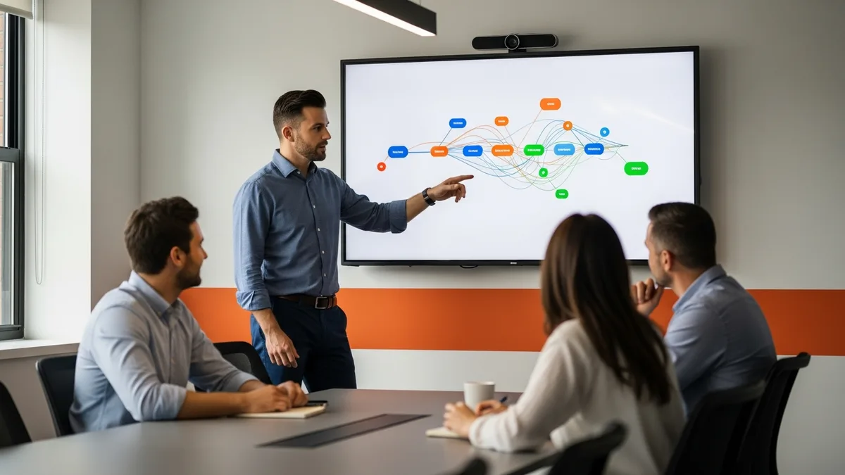 Product manager leading a roadmap strategy session and pointing at a product roadmap on screen for a small team