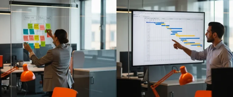 Split scene comparing a product manager arranging a roadmap of sticky notes and a project manager pointing at a Gantt chart timeline in a modern office