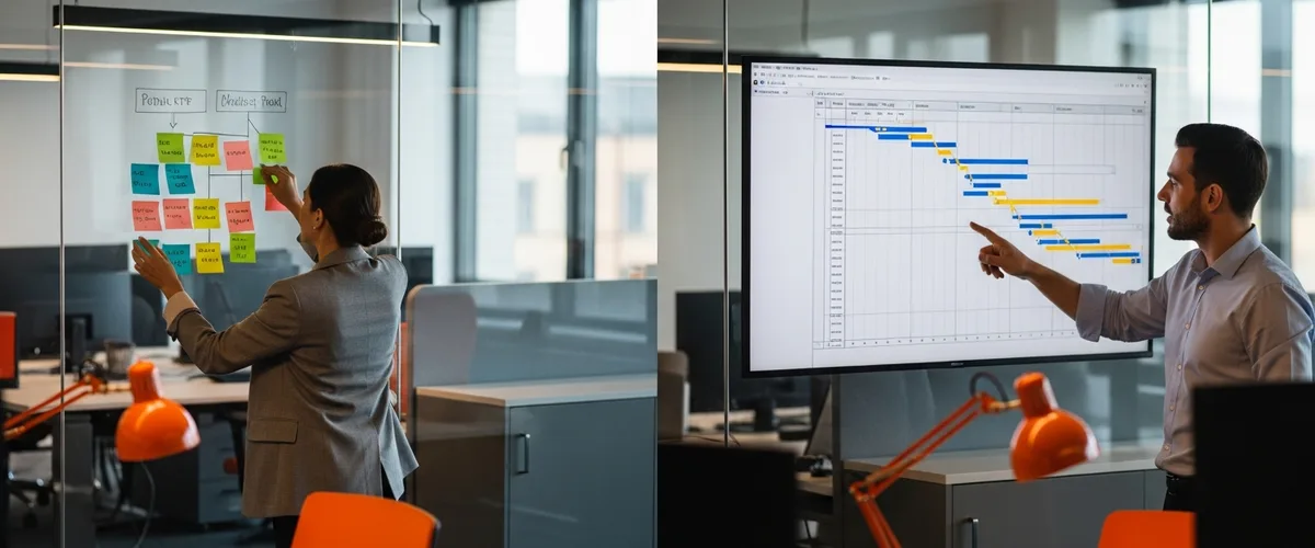 Split scene comparing a product manager arranging a roadmap of sticky notes and a project manager pointing at a Gantt chart timeline in a modern office
