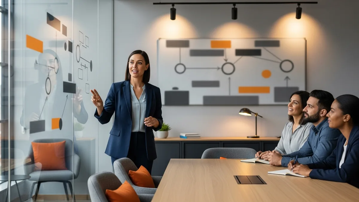 Product marketing manager leading a go-to-market launch planning session with the marketing team at a whiteboard