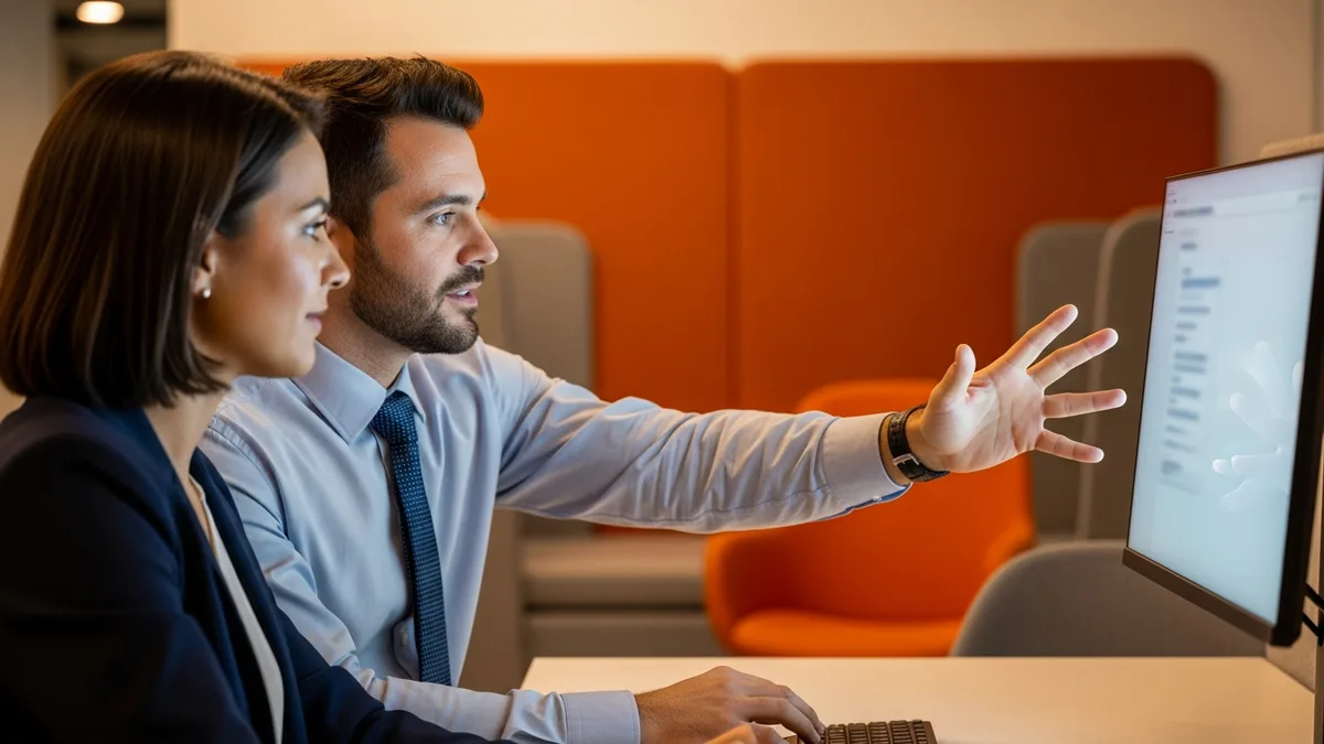 Hiring manager and KORE1 recruiter reviewing a product marketing manager job description on a monitor