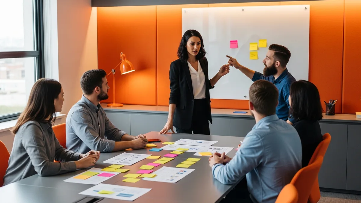 Product marketing manager leading a product launch planning session with the marketing team around a table of sticky notes