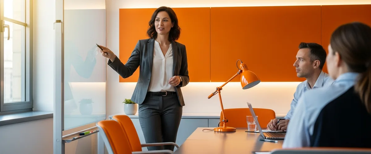 Product marketing manager presenting a go-to-market launch plan to two colleagues in a modern marketing office