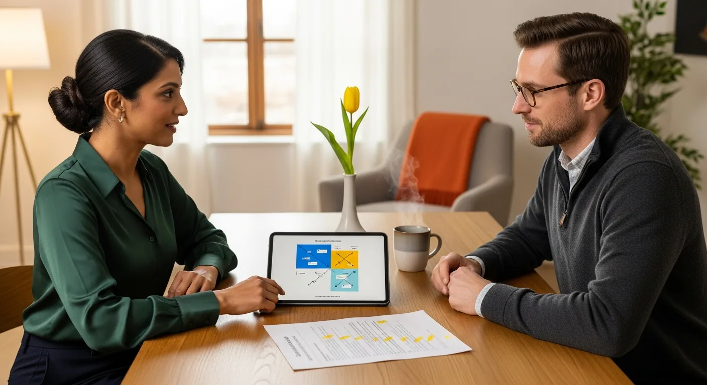 Product marketing manager and product manager comparing a competitive landscape diagram on a tablet with a highlighted customer interview transcript on the table