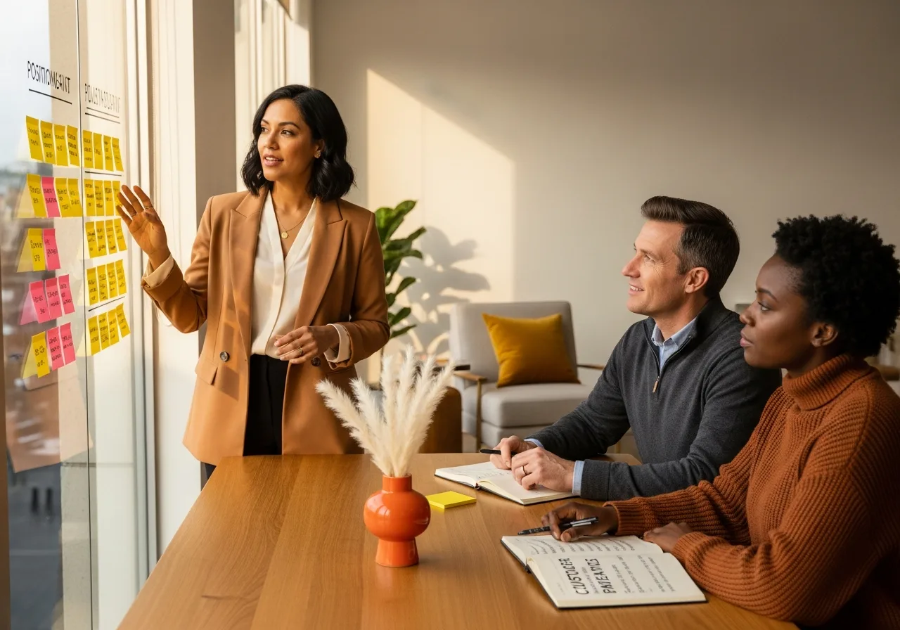 Senior product marketing manager presenting positioning narrative options on a sticky-note wall to a product manager and demand generation lead
