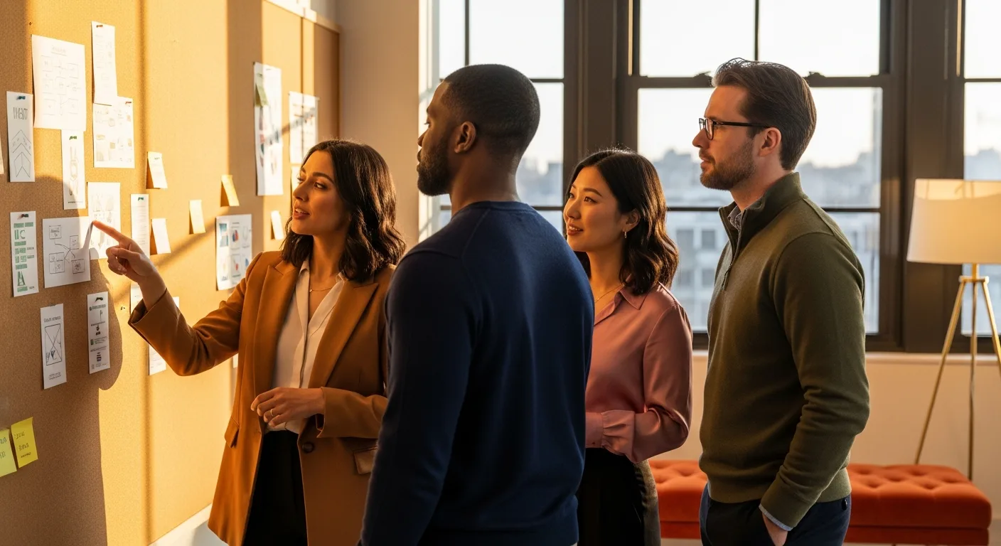 Four product marketing managers reviewing launch readiness artifacts on a pinboard wall including a message house, competitive grid, and launch timeline
