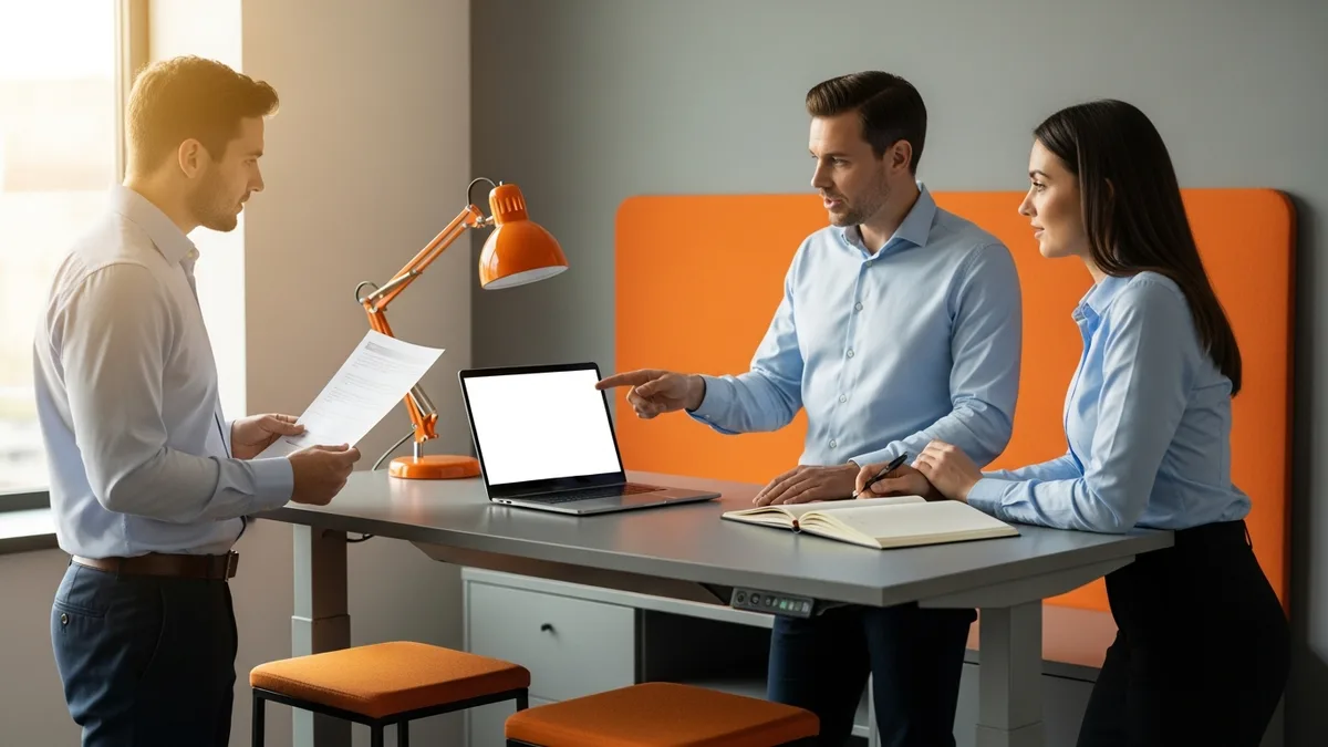 Product marketing manager reviewing competitive sales enablement battlecards with two sales representatives at a standing desk