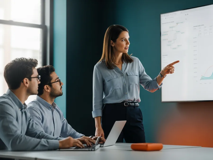 Product operations lead reviewing roadmap and launch metrics on a monitor with two product managers during an operating review