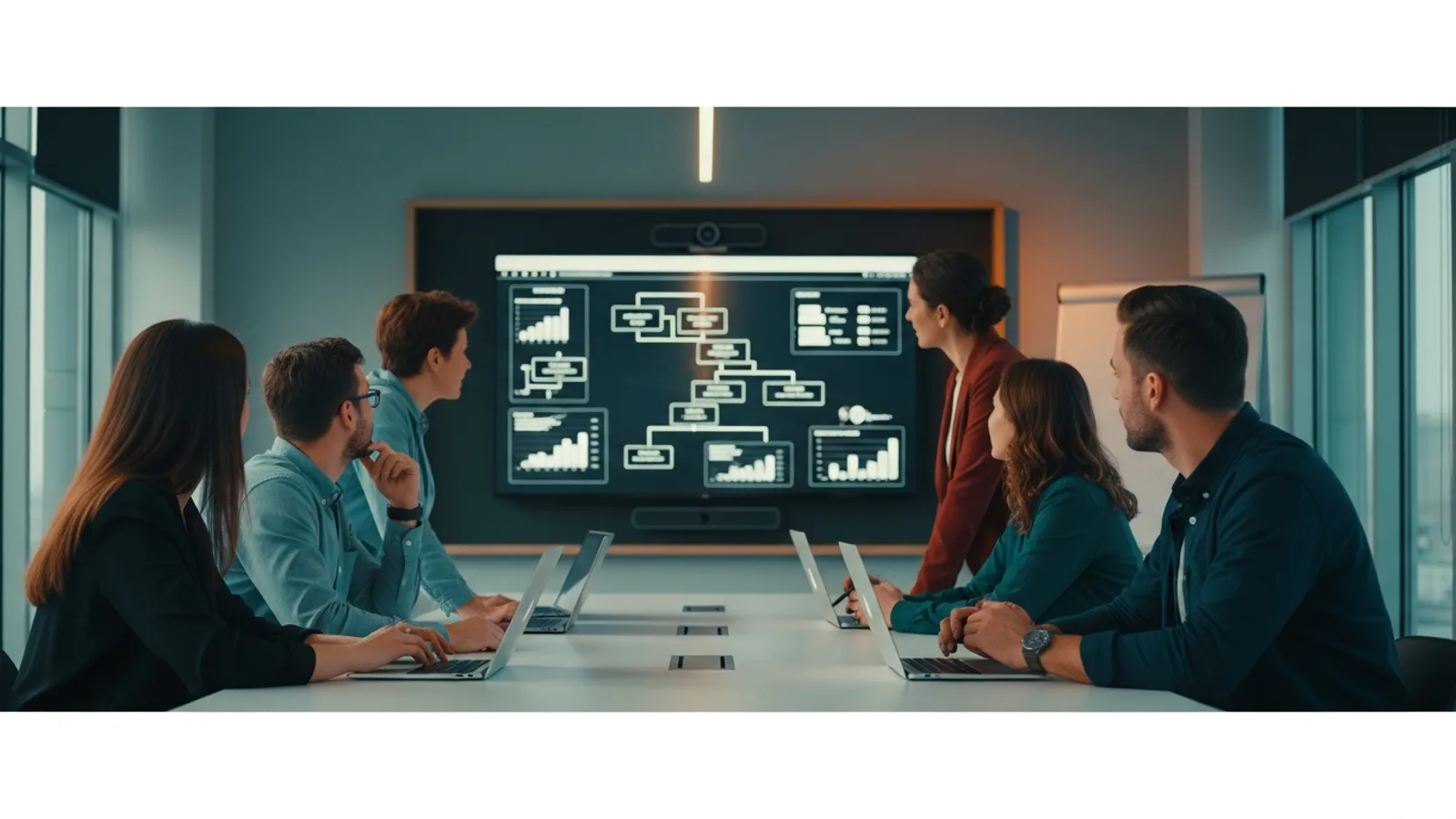 Cross-functional product team gathered around a large monitor showing a roadmap and adoption metrics during a quarterly operating review