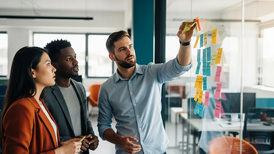 Product operations manager mapping a launch process on a glass wall with sticky notes while two product managers review the steps