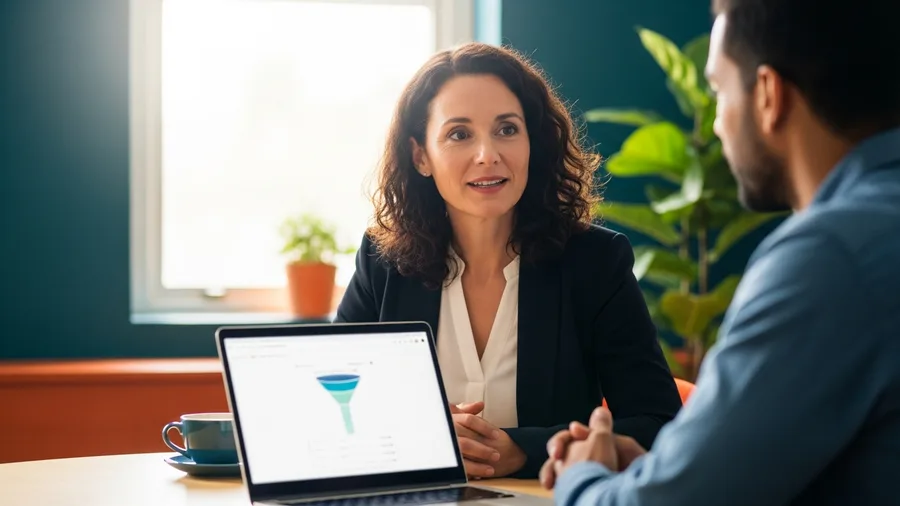 KORE1 recruiter interviewing a product operations candidate at a table with a laptop showing an adoption funnel between them