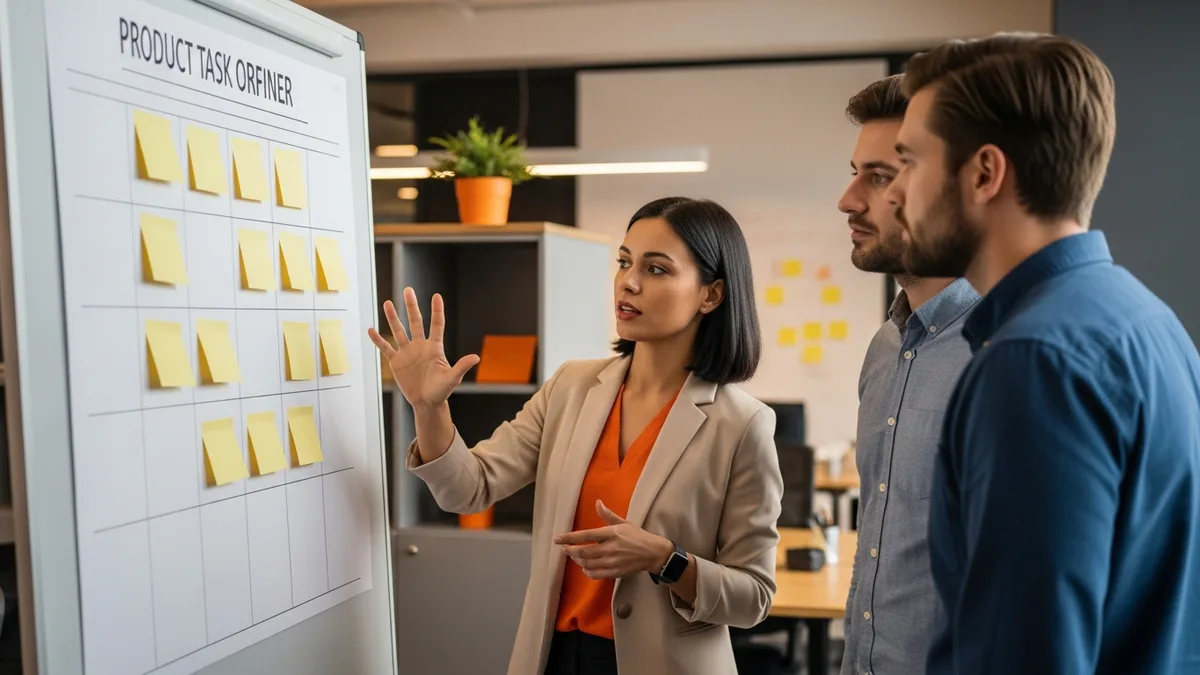 Product owner working a sprint backlog board with engineers during a standup