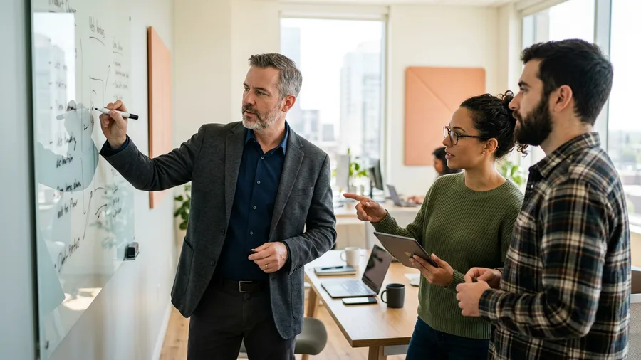 Product owner writing user stories on a whiteboard while two engineers review acceptance criteria during sprint planning