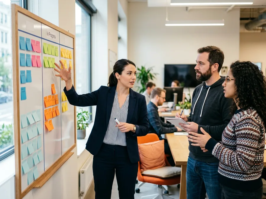 Product owner refining a sprint backlog on a kanban board with two engineers during backlog grooming