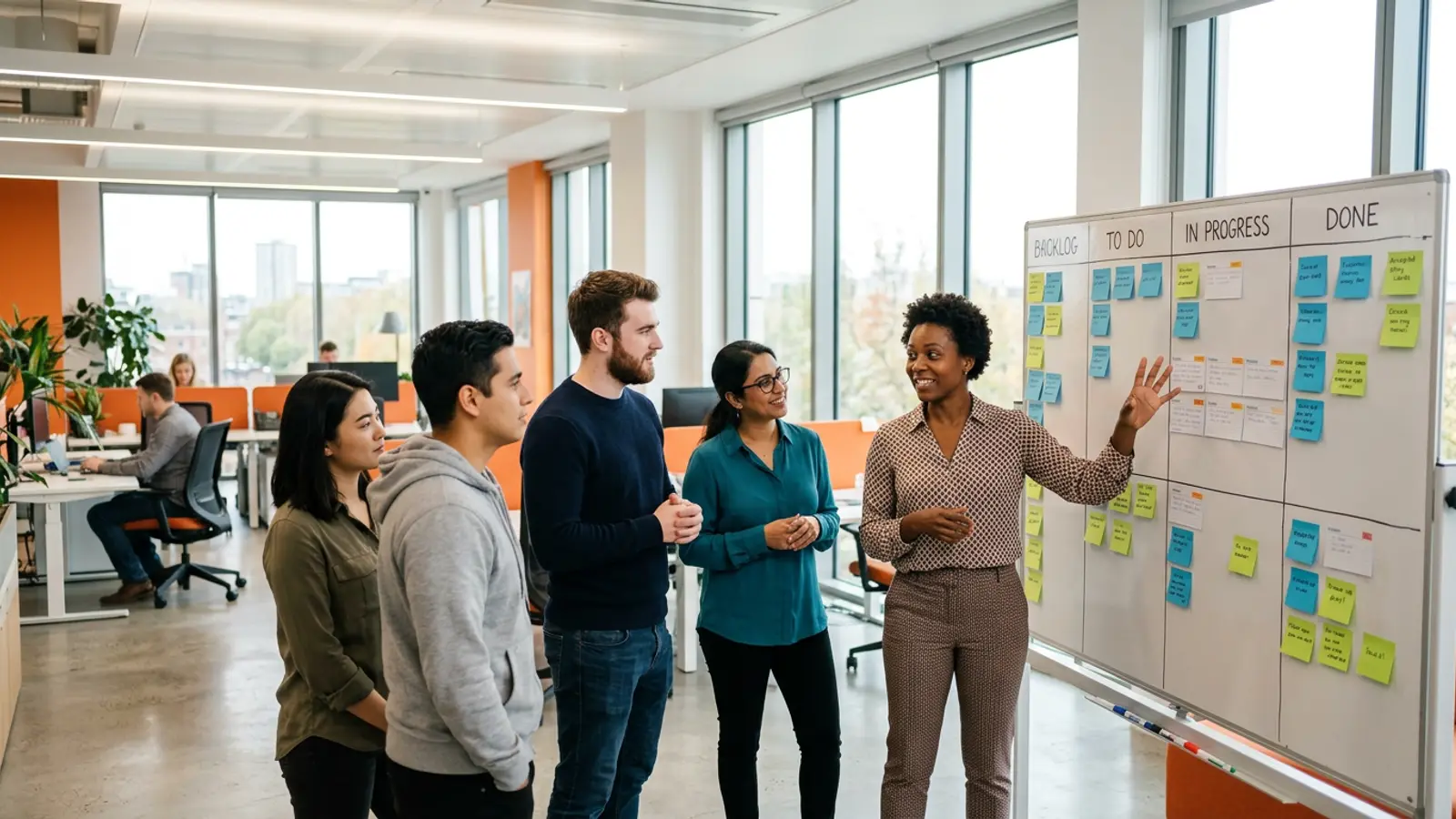 Agile product team gathered at a kanban board during sprint review while the product owner walks through accepted stories