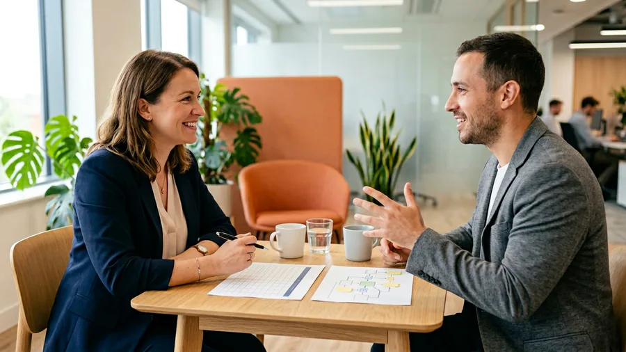 KORE1 recruiter interviewing a product owner candidate across a table with a printed backlog and story map between them