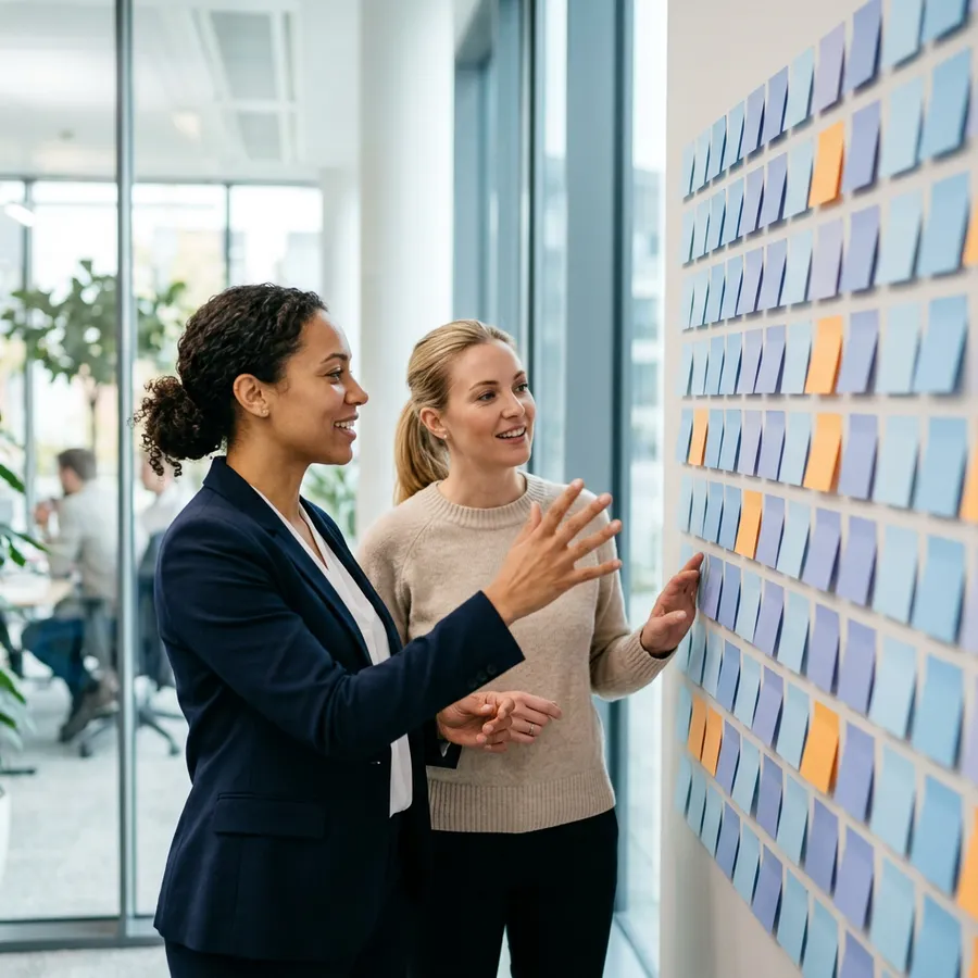 Two KORE1 recruiters comparing notes on product manager candidates beside a wall of colored sticky notes in a bright modern office