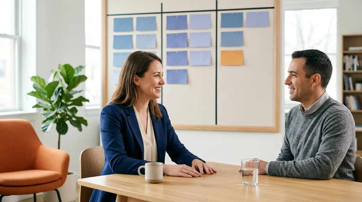 KORE1 product recruiter reviewing a product roadmap with a product manager candidate in a bright modern office
