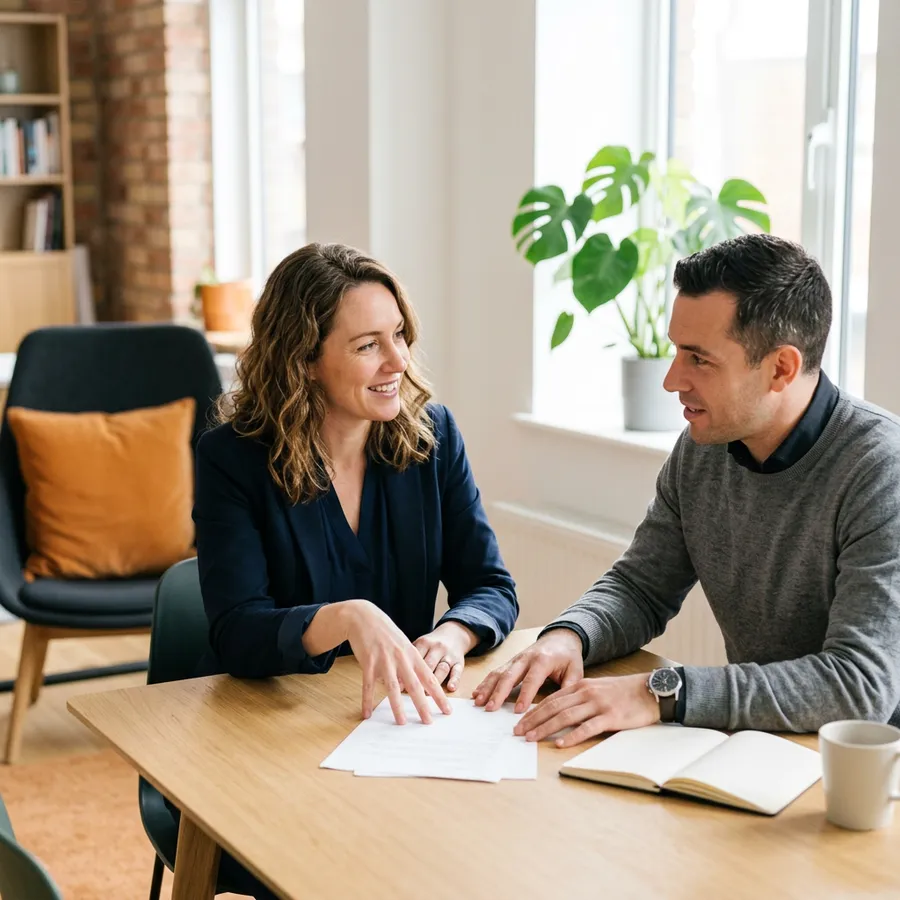 KORE1 product recruiter talking through a hiring plan with a product leader across a table in a modern office