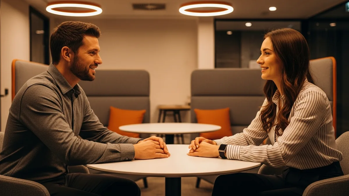 Hiring manager interviewing a product role candidate in a modern office