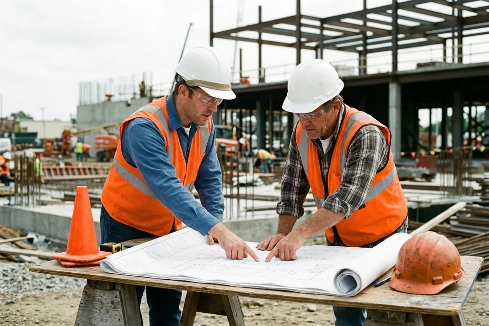 Project engineer in a hard hat and orange high-visibility vest reviewing large-format paper construction blueprints with a site superintendent at an active building site