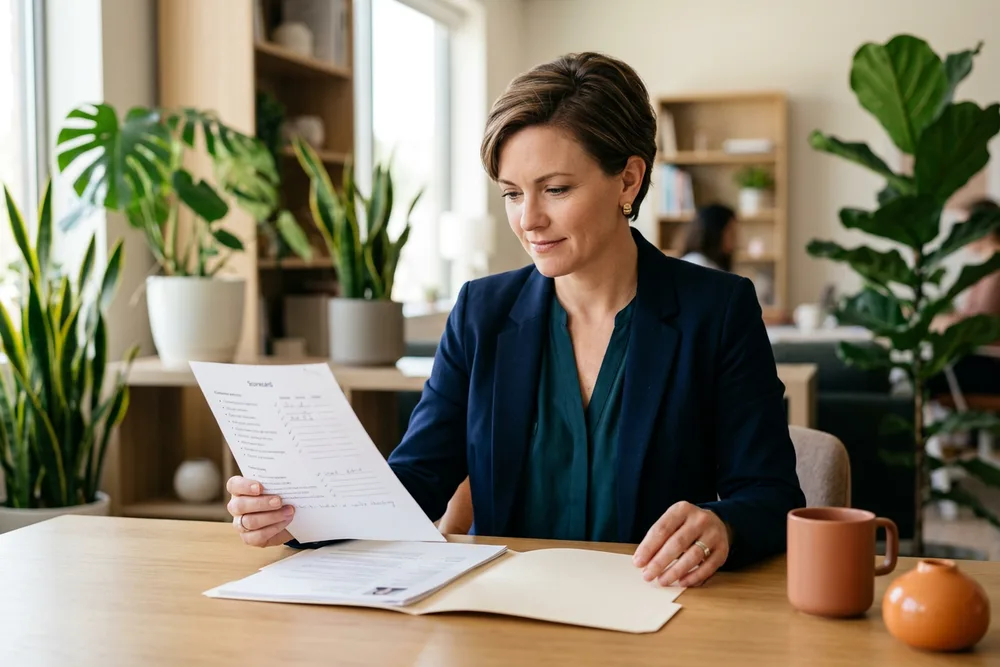 Experienced KORE1 senior technical recruiter at a desk reviewing a printed project engineer candidate scorecard and resume folder in a bright office with an orange accent