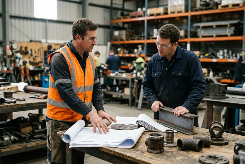 Project engineer and a vendor reviewing rolled paper engineering drawings and submittal binders on a workbench beside physical pipe fittings and structural steel material samples
