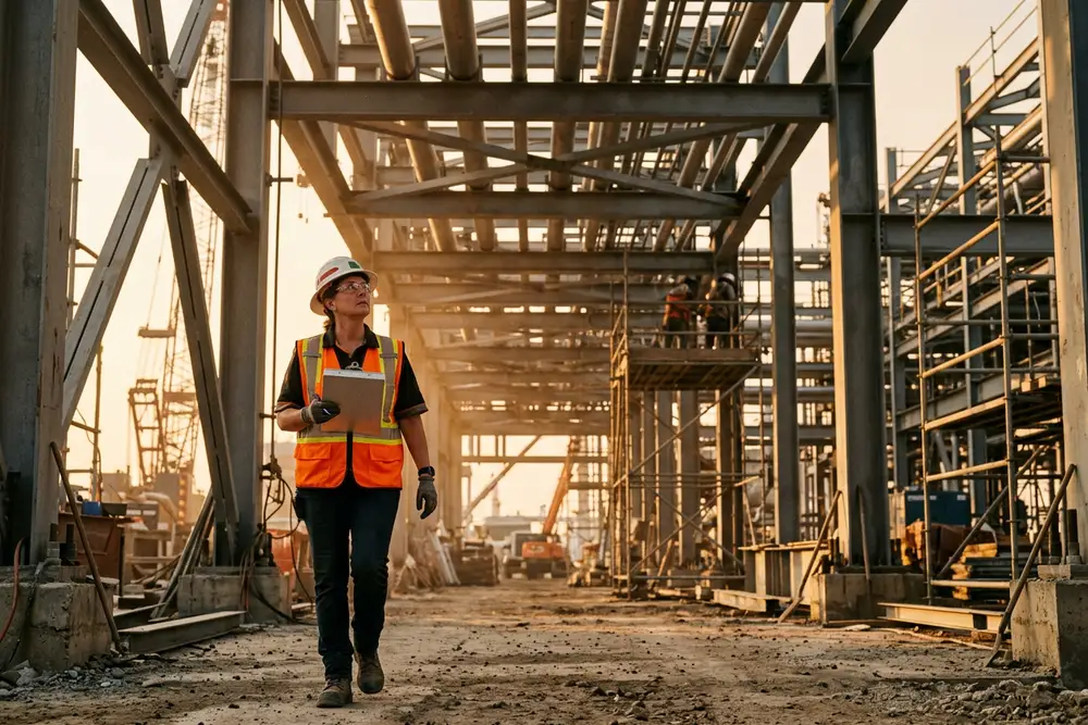 Project engineer in a hard hat and safety glasses walking an active industrial construction site, inspecting erected structural steel and overhead piping while holding a paper clipboard