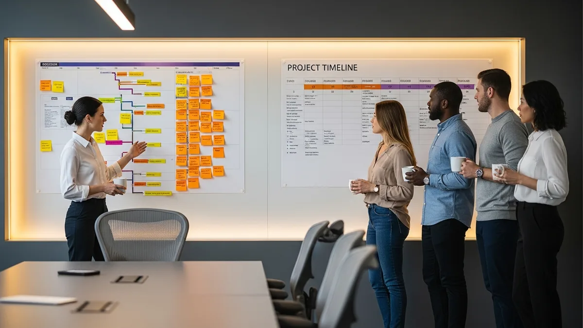 Project manager running a delivery standup at a kanban and project timeline board with a cross-functional team