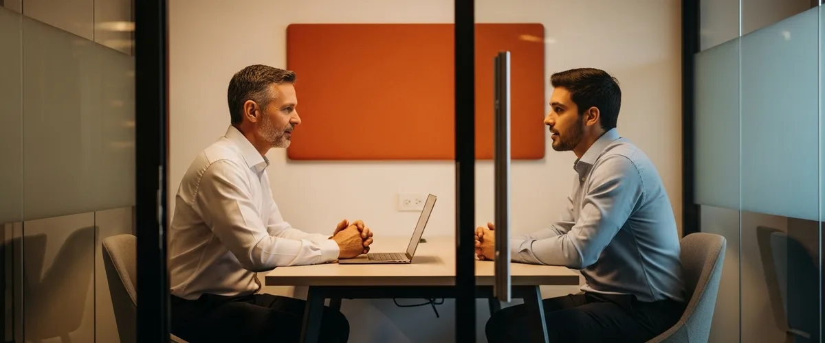 Engineering director and senior software engineer in a one-on-one career conversation about an IC to engineering manager promotion