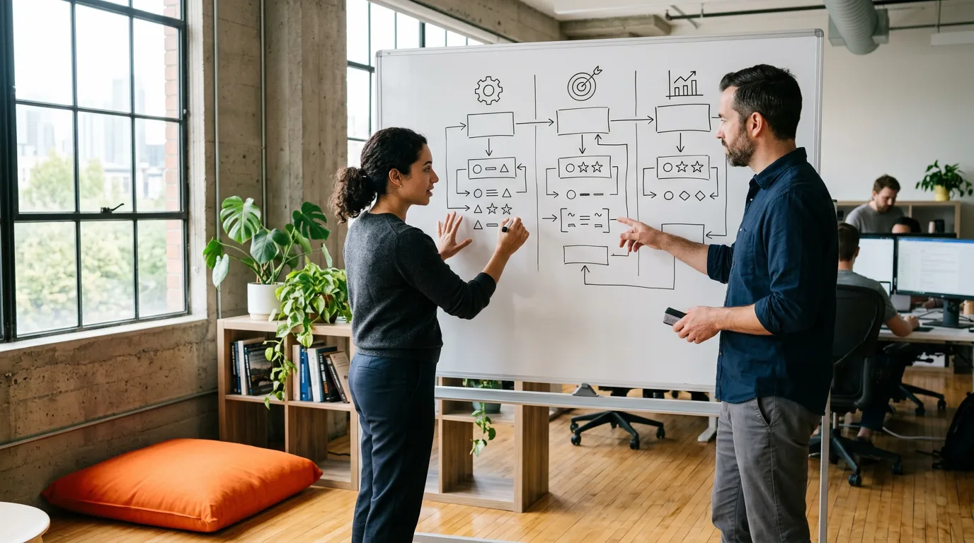 Prompt engineer and AI engineer whiteboarding an eval rubric and prompt scaffolding pattern in a daylit office with sticky notes