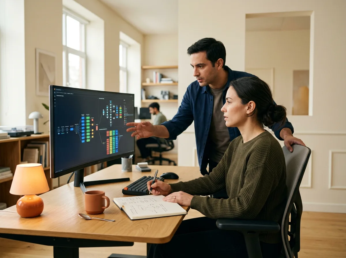 Prompt engineer reviewing an LLM evaluation trace on a wide monitor alongside a teammate in a daylit modern AI studio