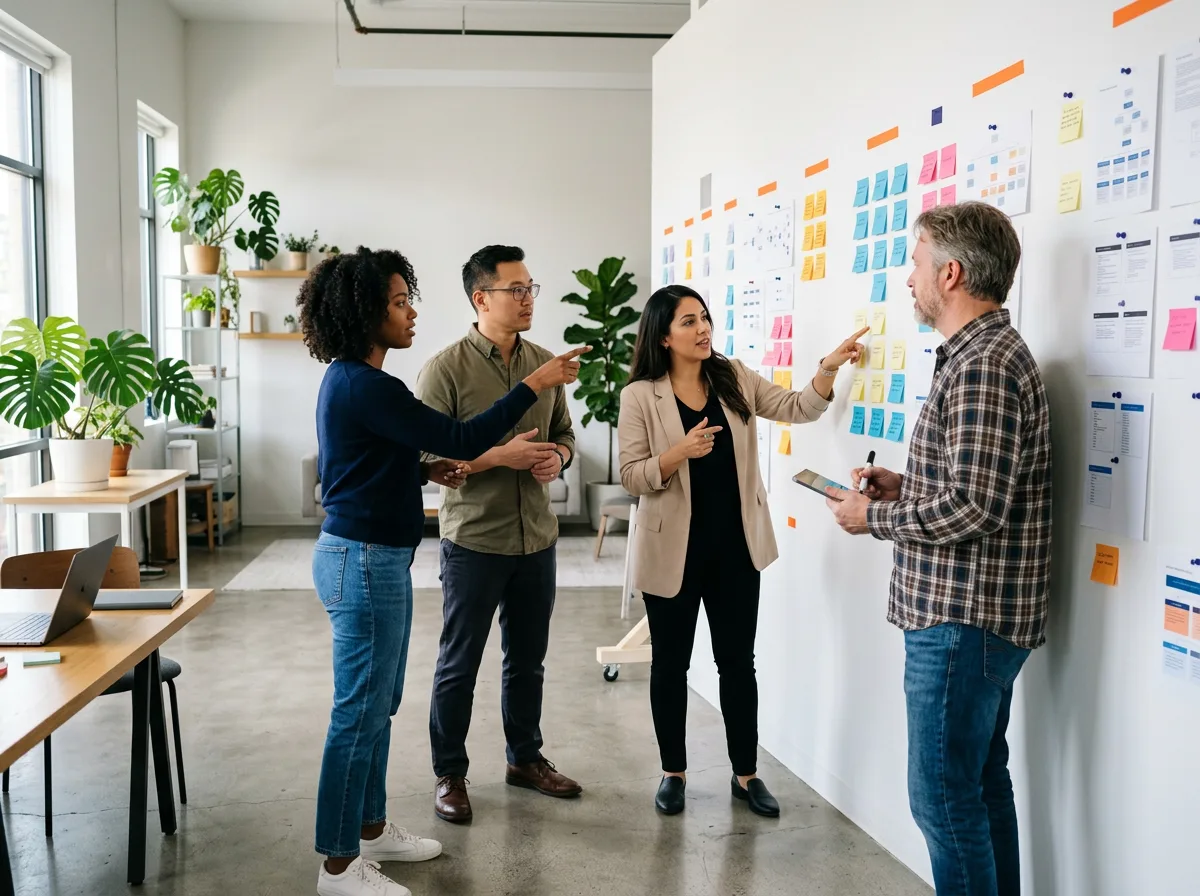 Four prompt engineers from different backgrounds gathered around a wall of prompt diagrams, eval charts, and model cards in a daylit modern studio
