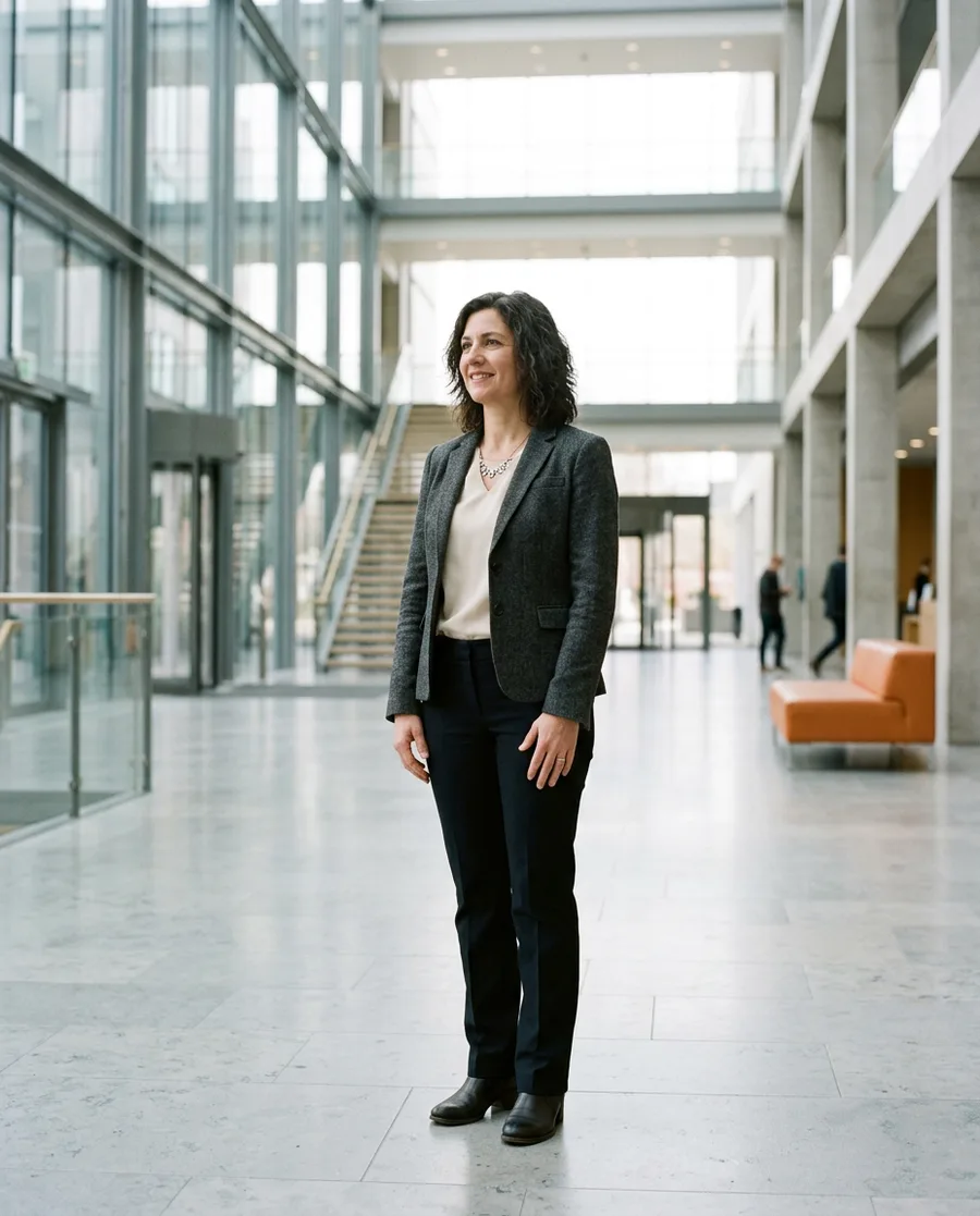 Public sector IT professional standing in a daylit civic government building atrium