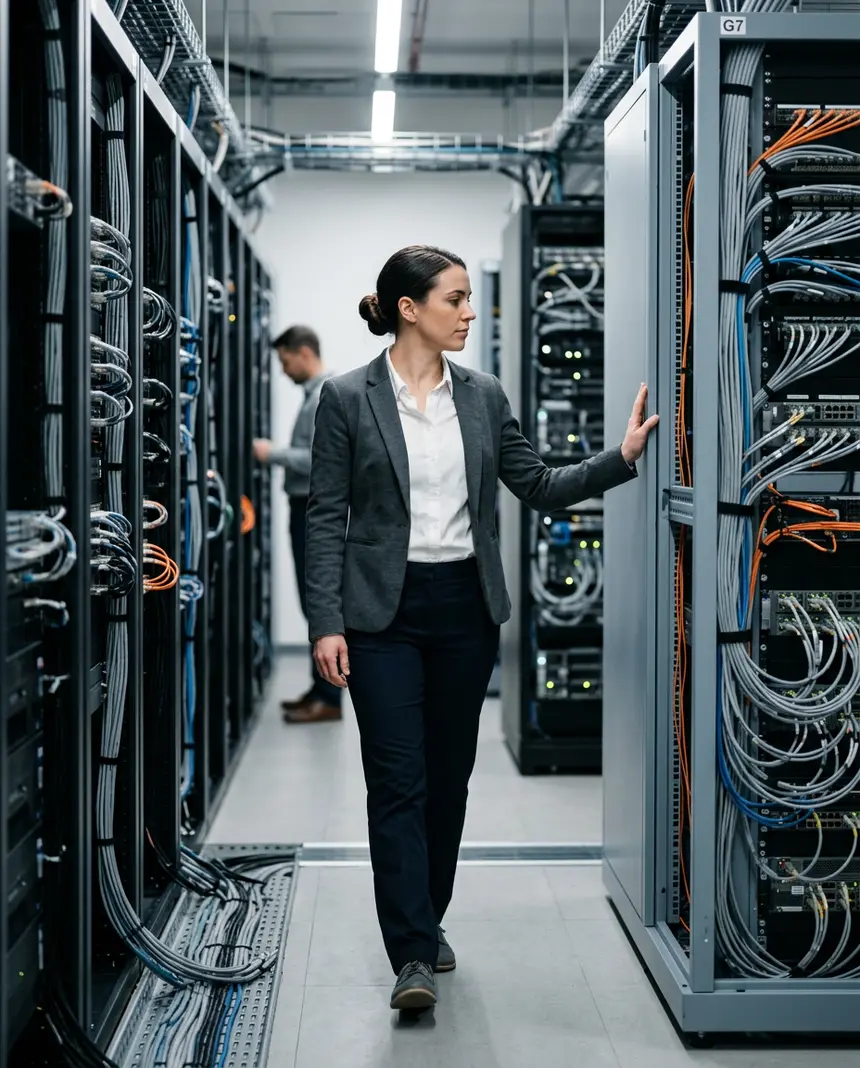 Data center technician inspecting server racks and cabling in a government infrastructure facility