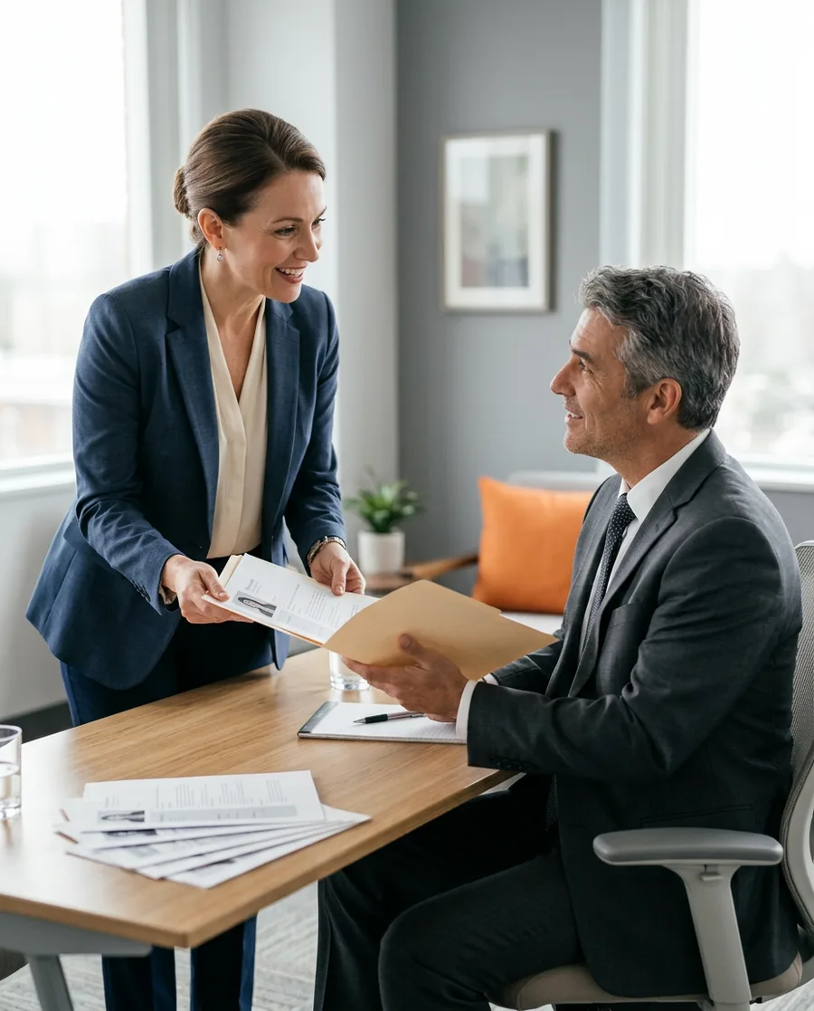 KORE1 recruiter handing a screened candidate shortlist folder to a government hiring manager