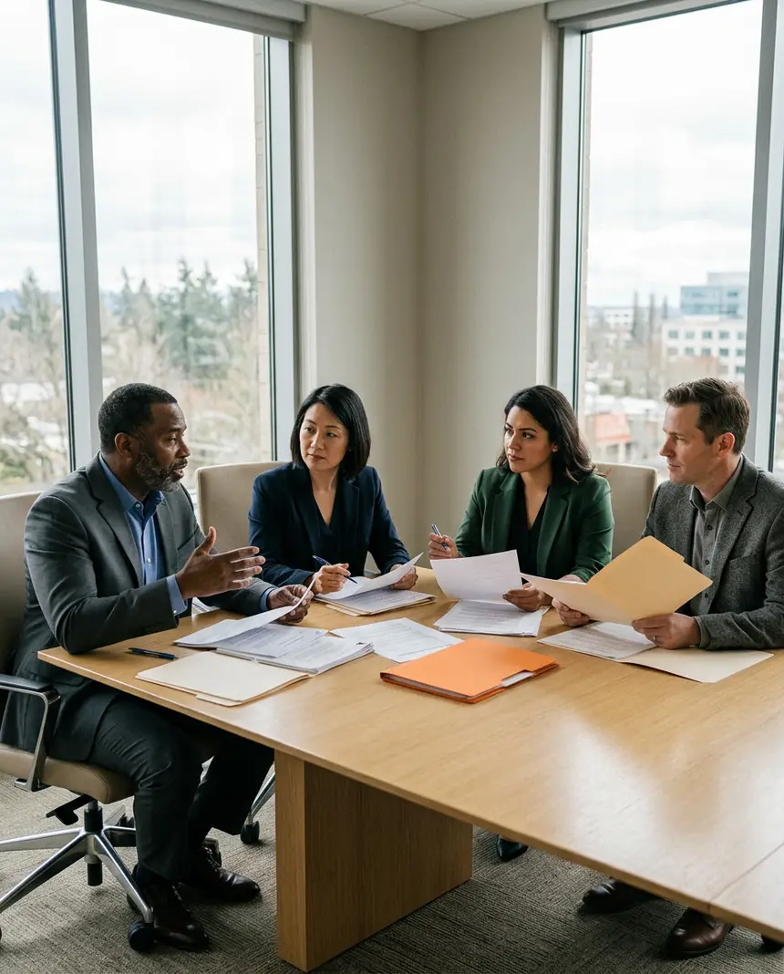 Diverse public sector project team reviewing printed project documents around a conference table