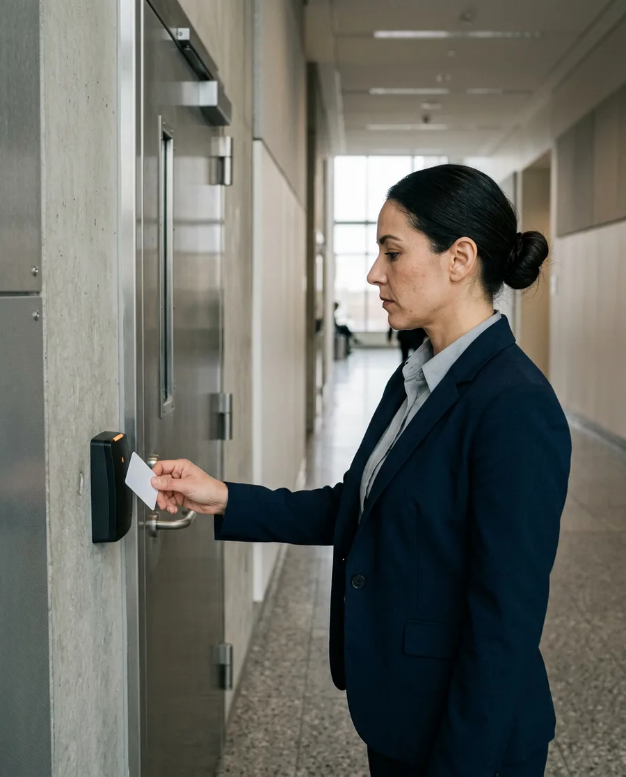 Security professional badging through a controlled-access door at a government facility