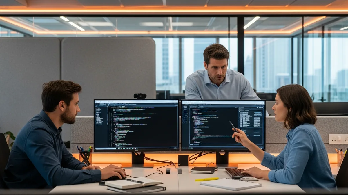 Engineers and a compliance reviewer examining code and a deployment checklist during a regulated-industry change review