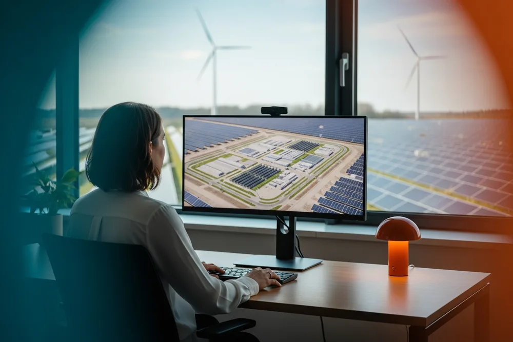 Renewable energy engineer reviewing a utility-scale solar and battery storage project layout on a curved monitor in a sunlit office with an orange accent lamp