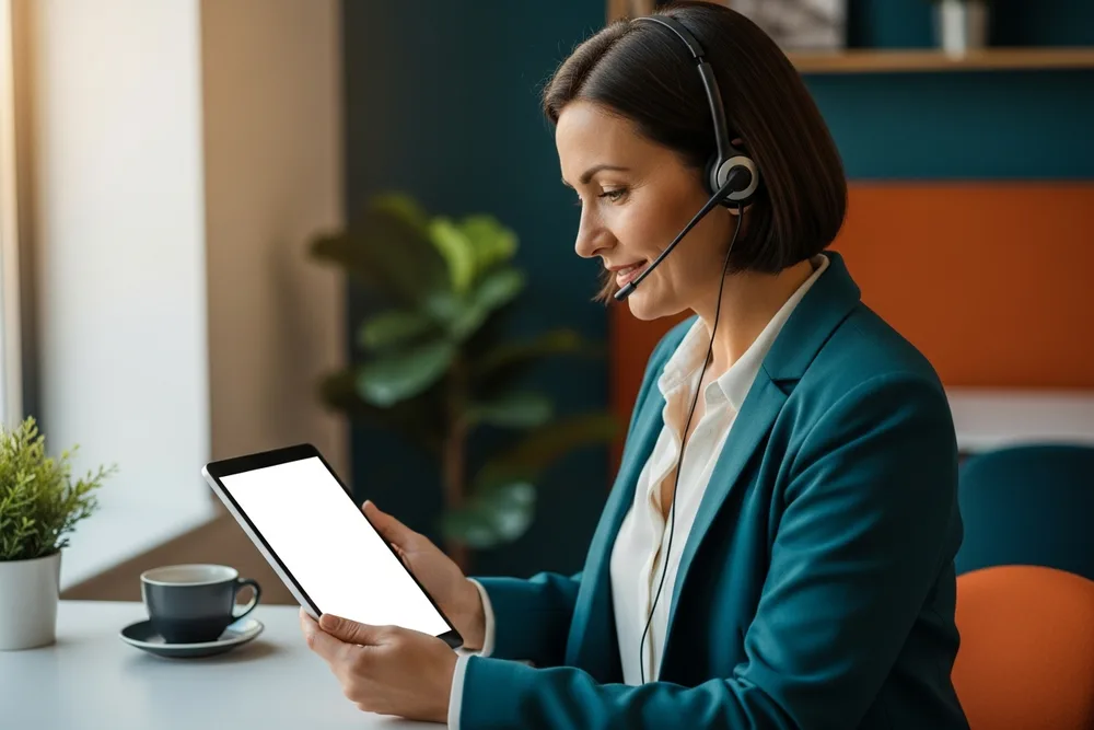 Experienced KORE1 senior technical recruiter wearing a headset reviewing a renewable energy candidate's project history and commissioning record on a tablet